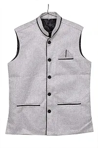 A P Creation Nehru Jacket Sleeveless Solid Men's Regular Fit Jute Ethnic Nehru Modi Jacket Or Waistcoat (Silver, X-Large)-thumb4