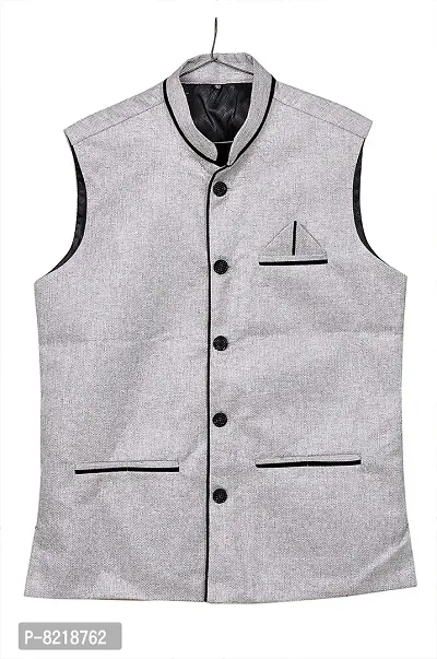A P Creation Nehru Jacket Sleeveless Solid Men's Regular Fit Jute Ethnic Nehru Modi Jacket Or Waistcoat (Silver, X-Large)-thumb5