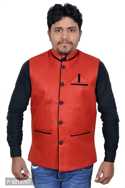 A P Creation Nehru Jacket Sleeveless Solid Men's Regular Fit Jute Ethnic Nehru Modi Jacket Or Waistcoat (Red, Medium)-thumb0