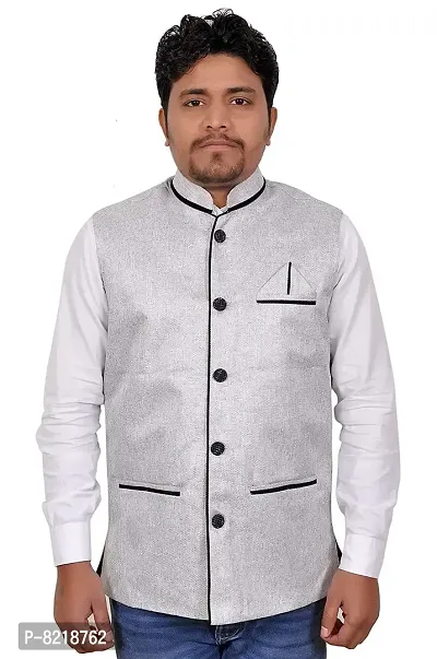 A P Creation Nehru Jacket Sleeveless Solid Men's Regular Fit Jute Ethnic Nehru Modi Jacket Or Waistcoat (Silver, X-Large)-thumb0