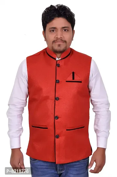 A P Creation Nehru Jacket Sleeveless Solid Men Jacket (Red, X-Large)