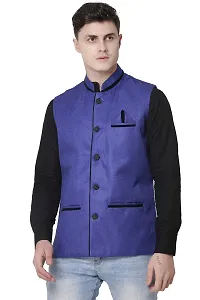 A P Creation Nehru Jacket Sleeveless Solid Men's Regular Fit Jute Ethnic Nehru Modi Jacket Or Waistcoat (Blue, X-Large)-thumb2