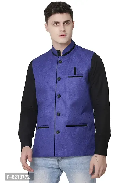 A P Creation Nehru Jacket Sleeveless Solid Men's Regular Fit Jute Ethnic Nehru Modi Jacket Or Waistcoat (Blue, X-Large)-thumb3