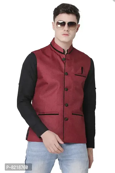 A P Creation Nehru Jacket Men Latest Nehru Jacket Sleeveless Solid Waistcoats Color Maroon 38-42-thumb0