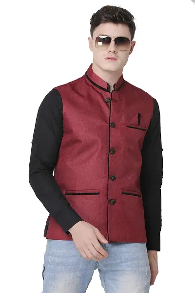 A P Creation Nehru Jacket Men Latest Nehru Jacket Sleeveless Solid Waistcoats Color Maroon 38-42