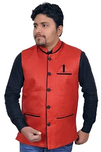 A P Creation Nehru Jacket Sleeveless Solid Men's Regular Fit Jute Ethnic Nehru Modi Jacket Or Waistcoat (Red, Medium)-thumb1