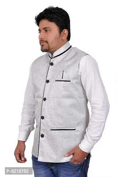 A P Creation Nehru Jacket Sleeveless Solid Men's Regular Fit Jute Ethnic Nehru Modi Jacket Or Waistcoat (Silver, X-Large)-thumb2
