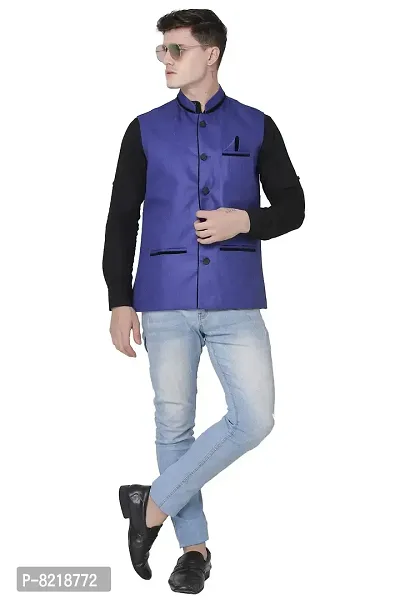 A P Creation Nehru Jacket Sleeveless Solid Men's Regular Fit Jute Ethnic Nehru Modi Jacket Or Waistcoat (Blue, X-Large)-thumb0