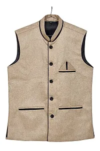 Gold Cotton Jute Nehru Jackets   Vests For Men-thumb2