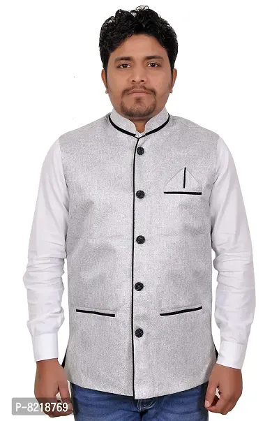 A P Creation Nehru Jacket Sleeveless Solid Men's Regular Fit Jute Ethnic Nehru Modi Jacket Or Waistcoat (38-42)-thumb0