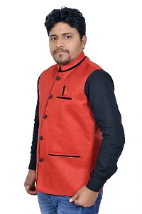 A P Creation Nehru Jacket Sleeveless Solid Men's Regular Fit Jute Ethnic Nehru Modi Jacket Or Waistcoat (Red, Medium)-thumb2