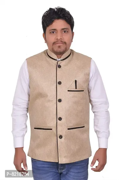 A P Creation Nehru Jacket Sleeveless Solid Men's Regular Fit Jute Ethnic Nehru Modi Jacket Or Waistcoat-thumb0