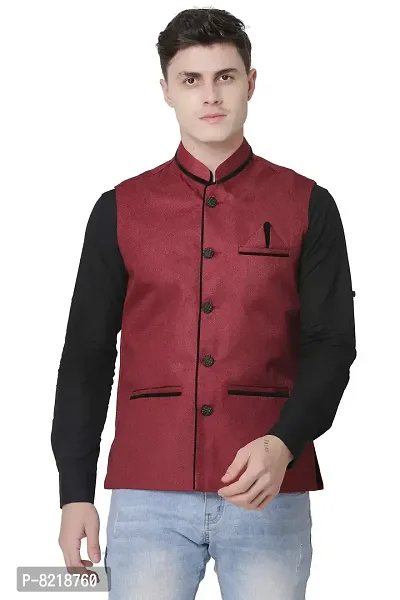 A P Creation Nehru Jacket Men Latest Nehru Jacket Sleeveless Solid Waistcoats Color Maroon 38-42-thumb4