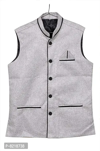 Silver Cotton Blend Nehru Jackets   Vests For Men