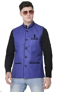 A P Creation Nehru Jacket Sleeveless Solid Men's Regular Fit Jute Ethnic Nehru Modi Jacket Or Waistcoat (Blue, X-Large)-thumb1