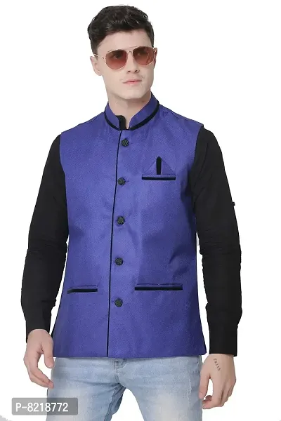 A P Creation Nehru Jacket Sleeveless Solid Men's Regular Fit Jute Ethnic Nehru Modi Jacket Or Waistcoat (Blue, X-Large)-thumb2
