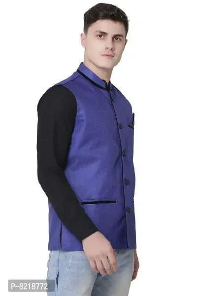 A P Creation Nehru Jacket Sleeveless Solid Men's Regular Fit Jute Ethnic Nehru Modi Jacket Or Waistcoat (Blue, X-Large)-thumb5