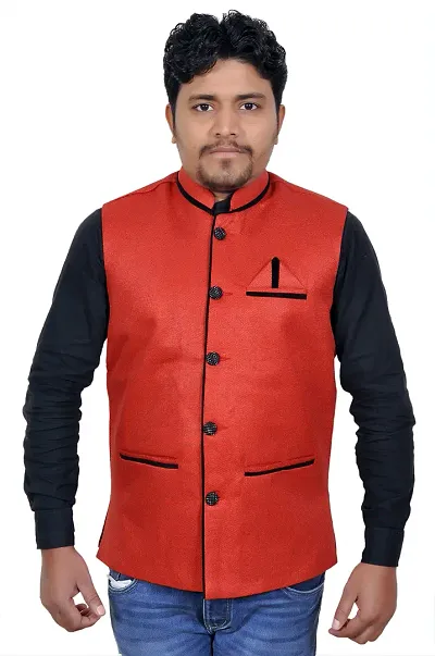 A P Creation Nehru Jacket Sleeveless Solid Men's Regular Fit Jute Ethnic Nehru Modi Jacket Or Waistcoat