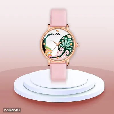 LORETTA LT-602 Pink Leather Belt Peacock Printed Dial Women Watch For Girls
