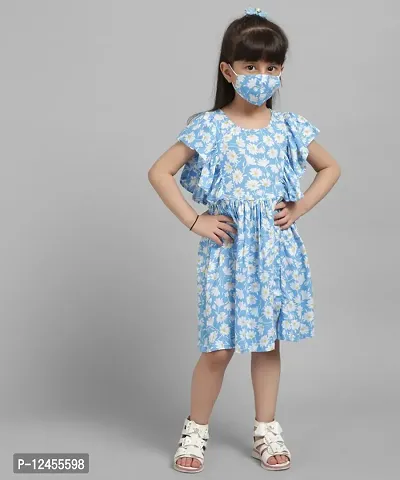 Fabulous Blue Viscose Rayon Printed A-Line Dress For Girls