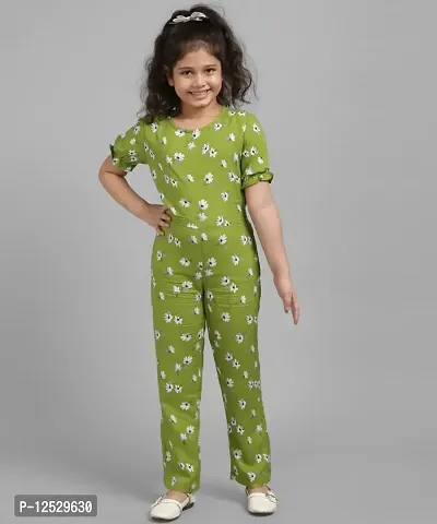 Fabulous Green Cotton Blend Printed Culotte Jumpsuit For Girls-thumb0