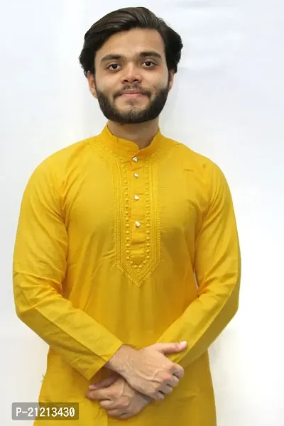 Reliable Yellow Cotton Embroidered Knee Length Kurta For Men-thumb0