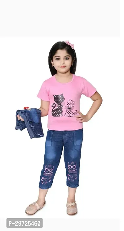 Fabulous Pink Cotton Blend Printed Top With Bottom For Girls-thumb0