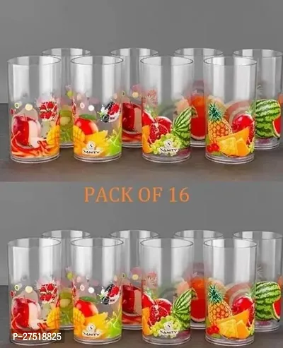 New Fruits Printed Multi Purpose Drinking Glass 300 ml Capacity Each Clear Glass Set Of 16