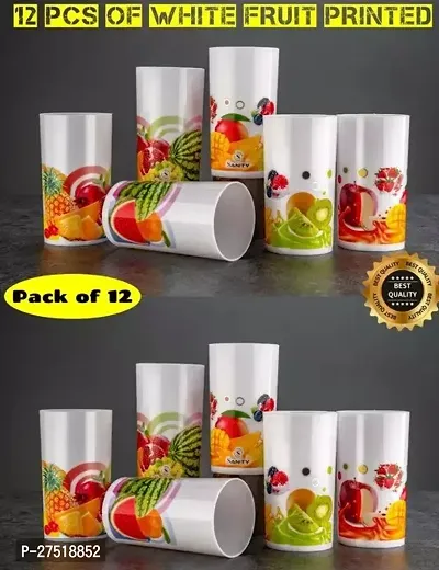 Unbreakable Fruit Printed White Water Juice Drinking Glasses Set Of 12 For Kitchen 300ml, Plastic-thumb0