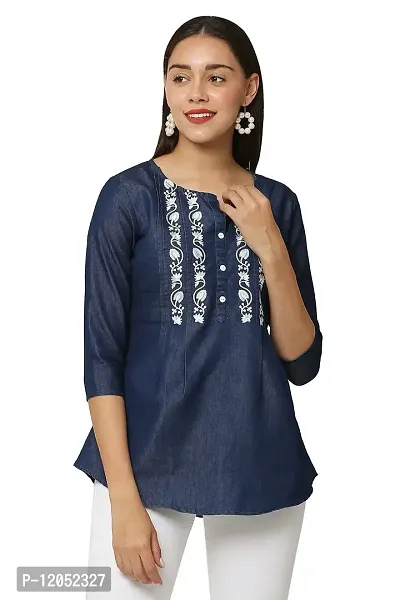 AVYANNA Stylish Women's Navy Blue Embroidered Denim Tunic-thumb0