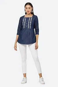 AVYANNA Stylish Women's Navy Blue Embroidered Denim Tunic-thumb3