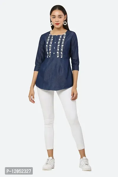 AVYANNA Stylish Women's Navy Blue Embroidered Denim Tunic-thumb4