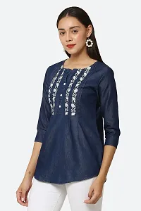 AVYANNA Stylish Women's Navy Blue Embroidered Denim Tunic-thumb2