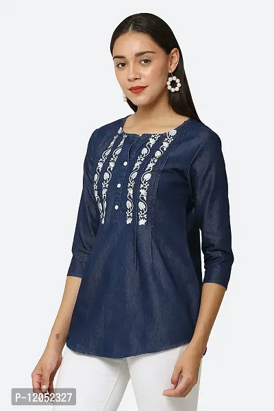 AVYANNA Stylish Women's Navy Blue Embroidered Denim Tunic-thumb3