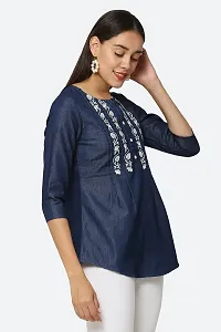 AVYANNA Stylish Women's Navy Blue Embroidered Denim Tunic-thumb4