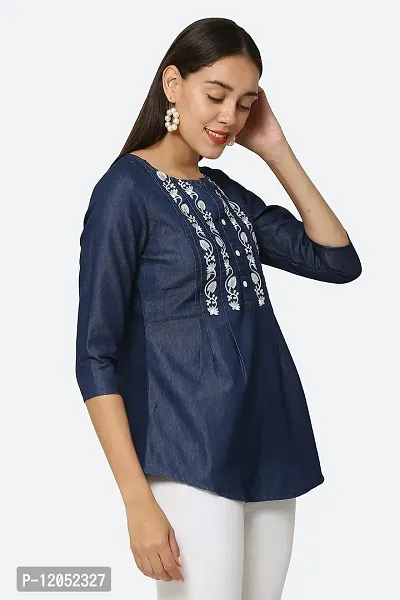 AVYANNA Stylish Women's Navy Blue Embroidered Denim Tunic-thumb5