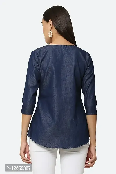 AVYANNA Stylish Women's Navy Blue Embroidered Denim Tunic-thumb2