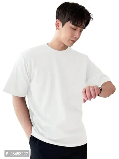 Trendy White Cotton Solid Round Neck Tees For Men-thumb0