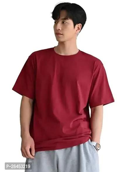 Trendy Maroon Cotton Solid Round Neck Tees For Men-thumb0