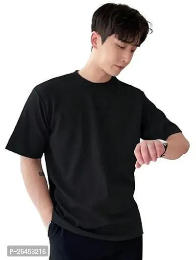 Trendy Black Cotton Solid Round Neck Tees For Men-thumb0