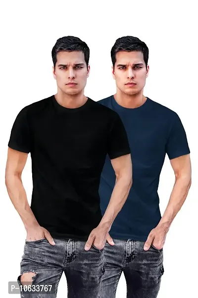 ADT Photo Gifts Cotton Plain Solid Black & Blue Combo T-Shirts Pack of 2 in Small Size-thumb0