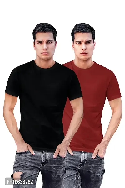 ADT Photo Gifts Cotton Plain Solid Black & Maroon Combo T-Shirts Pack of 2 in XX-Large Size