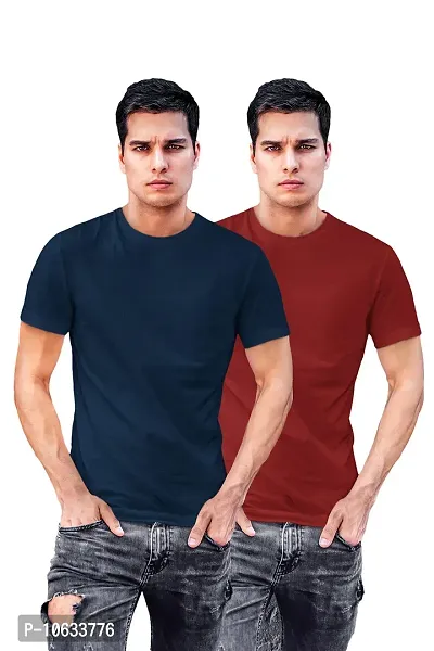 ADT Photo Gifts Cotton Plain Solid Blue & Maroon Combo T-Shirts Pack of 2 in Large Size