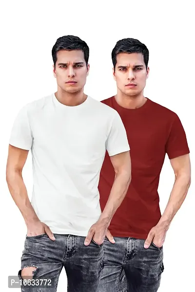 ADT Photo Gifts Cotton Plain Solid White & Maroon Combo T-Shirts Pack of 2 in XX-Large Size