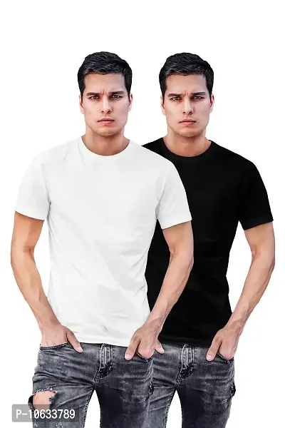 ADT Photo Gifts Cotton Plain Solid White & Black Combo T-Shirts Pack of 2 in Medium Size