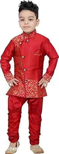 SKDC Kids Festive Sherwani Set For Boys(Red And Red,Cotton Silk,)