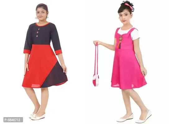 Pretty Crepe Self Pattern A-Line Dress Combo For Baby Girls And Kids Pack Of 2-thumb2