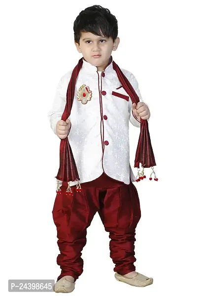 SKDC Kids Red And White Cotton Silk Festive Sherwani Set For kids boys