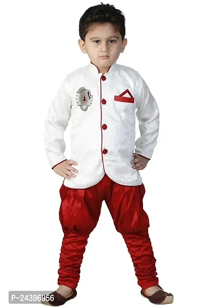 SKDC Kids Festive Sherwani Set For Boys(Red And Off-White,Cotton Silk,)-thumb0