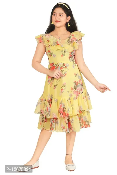 Fabulous Yellow Georgette Self Pattern A-Line Dress For Girls